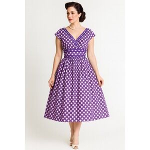 Vintage Trad Wife 14 Purple White Polka Dot Retro Smocked Midi Dress Old Money